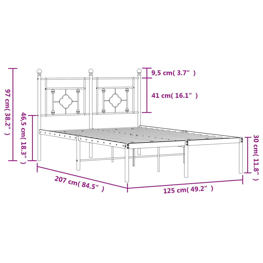 Metalni okvir za krevet s uzglavljem crni 120x200 cm
