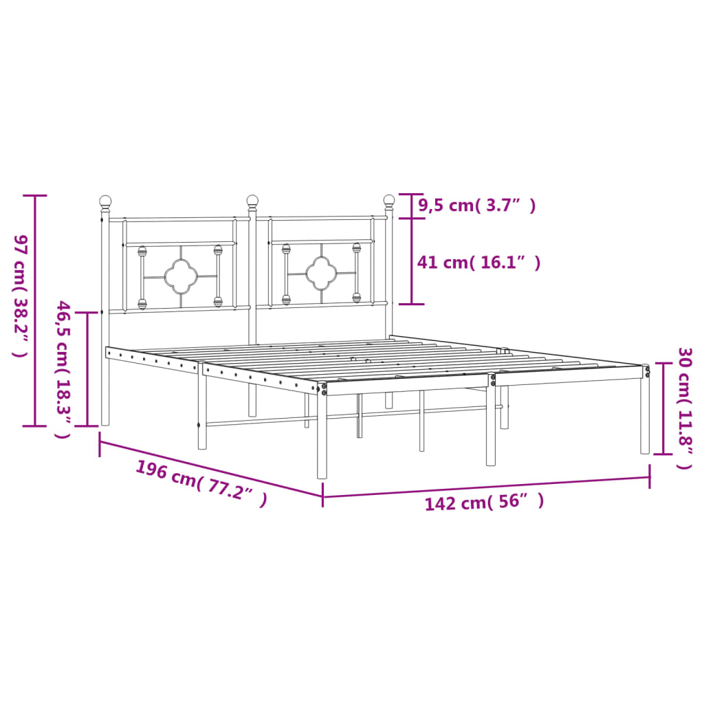 Metalni okvir za krevet s uzglavljem crni 135x190 cm