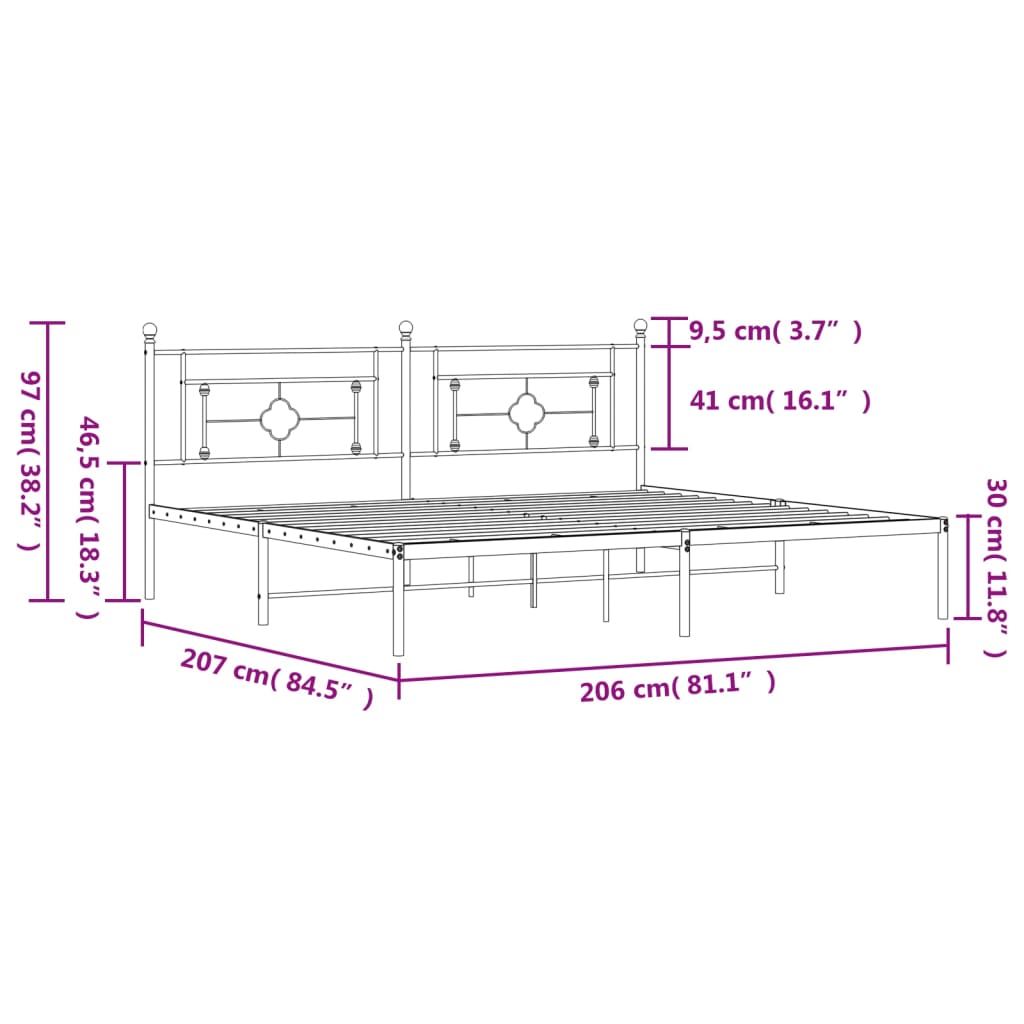 Metalni okvir za krevet s uzglavljem crni 200x200 cm