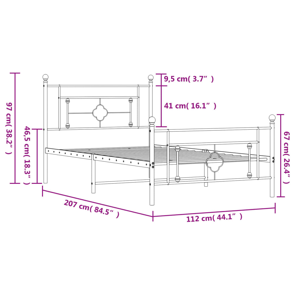 Metalni okvir kreveta uzglavlje i podnožje crni 107x203 cm