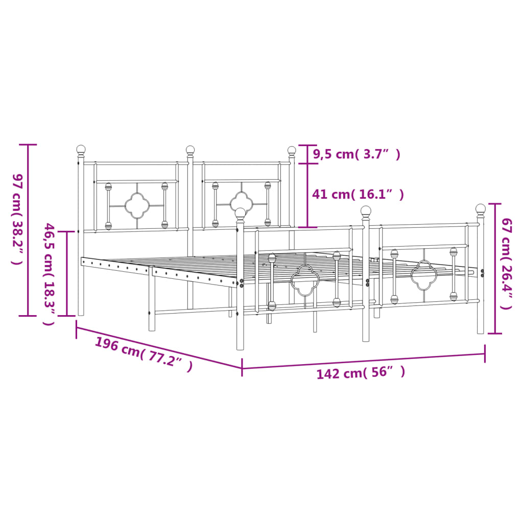 Metalni okvir kreveta uzglavlje i podnožje crni 135x190 cm