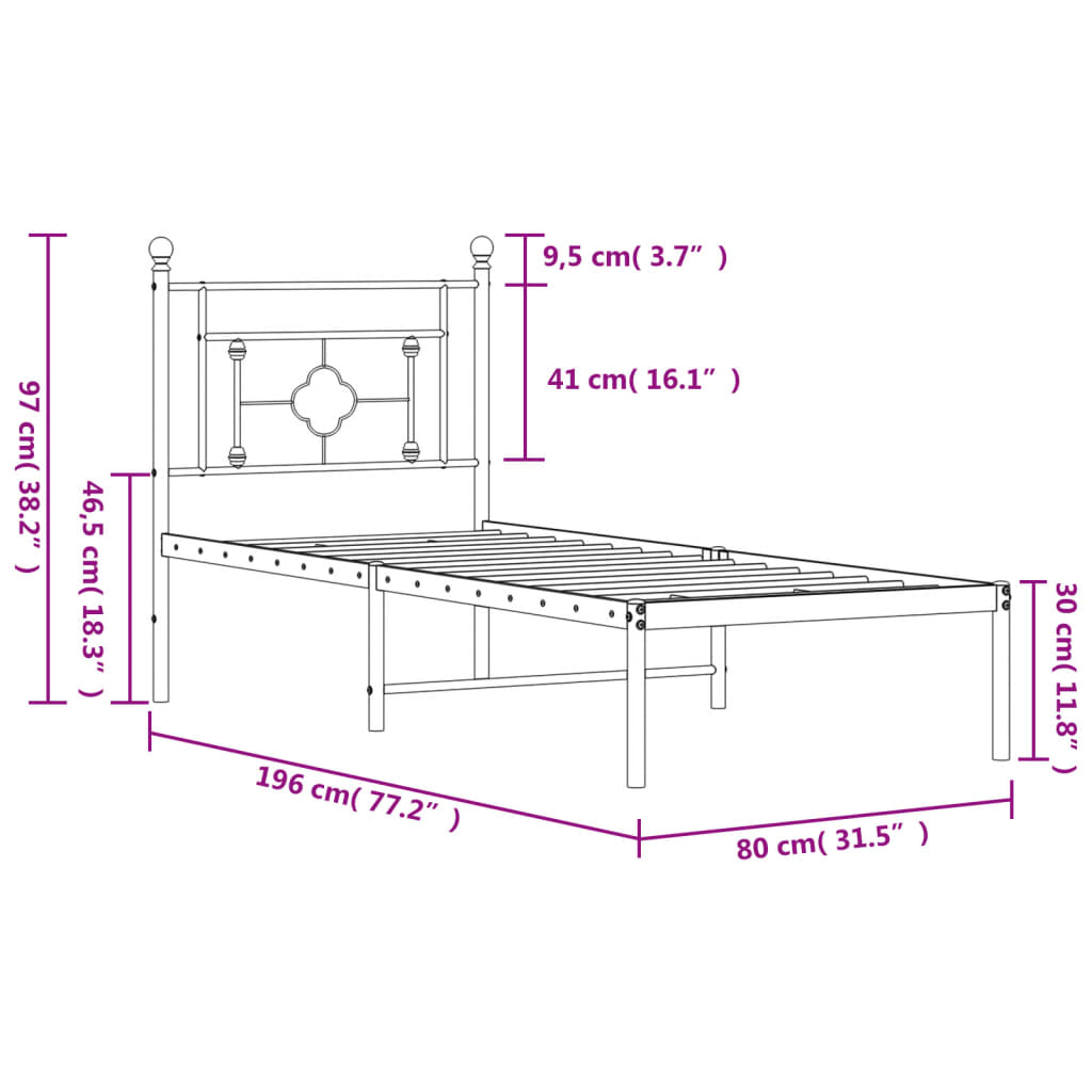 Metalni okvir krevet bez madraca s uzglavljem bijeli 75x190 cm