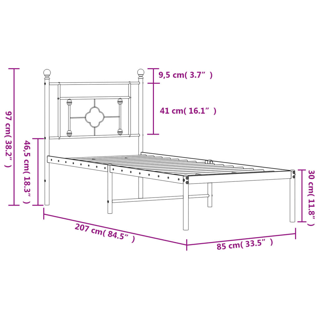 Metalni okvir za krevet s uzglavljem bijeli 80x200 cm