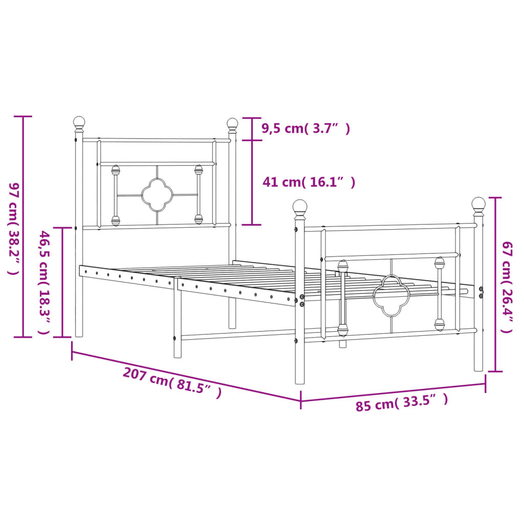 Metalni okvir kreveta uzglavlje i podnožje bijeli 80x200 cm