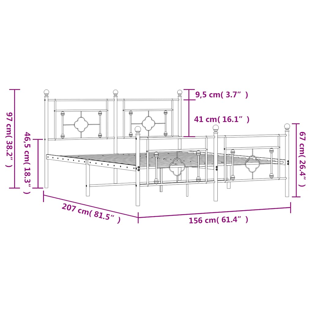 Metalni okvir kreveta uzglavlje i podnožje bijeli 150 x 200 cm