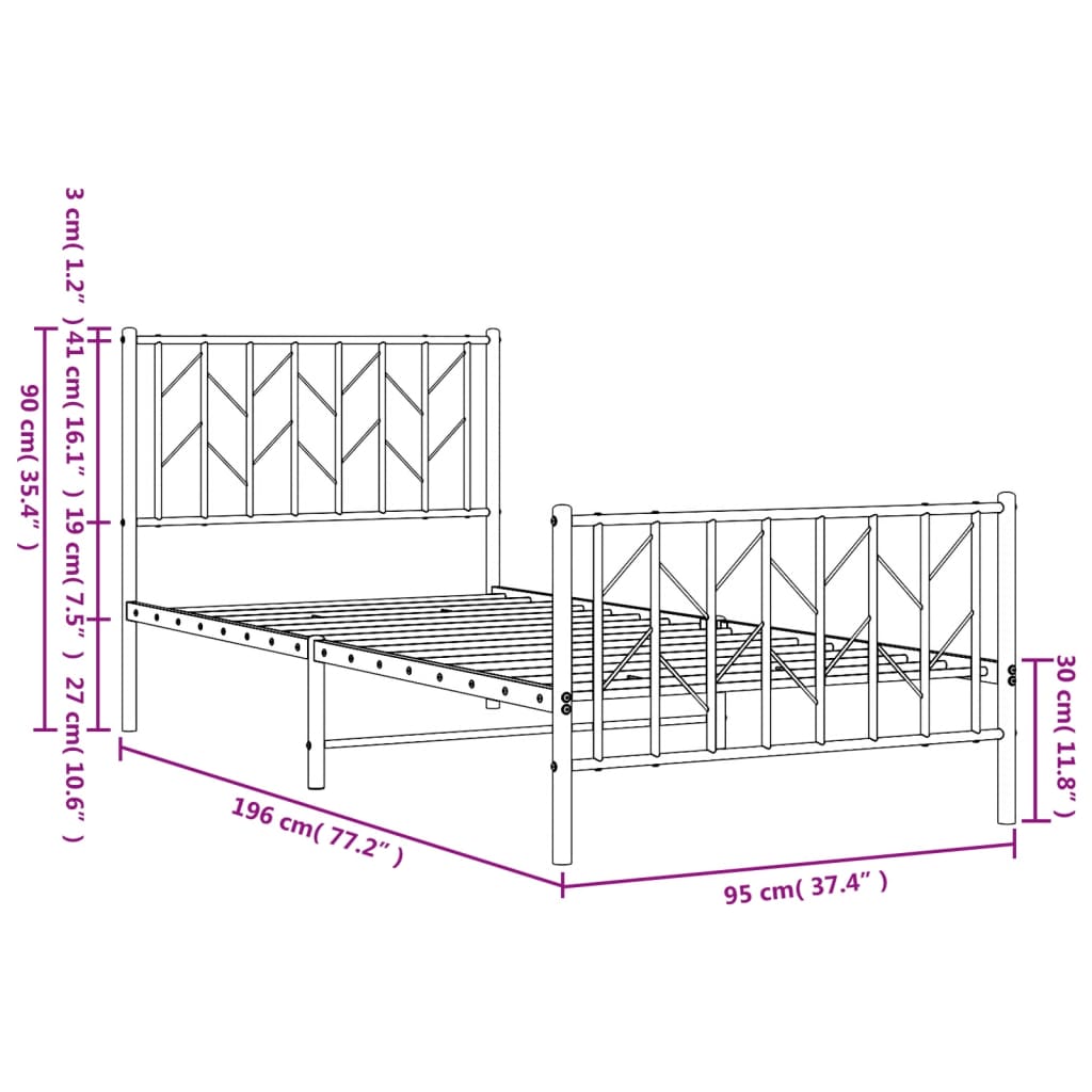 Metalni okvir kreveta uzglavlje i podnožje crni 90x190 cm