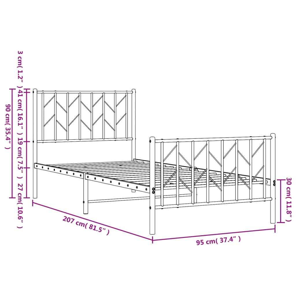 Metalni okvir kreveta uzglavlje i podnožje crni 90 x 200 cm
