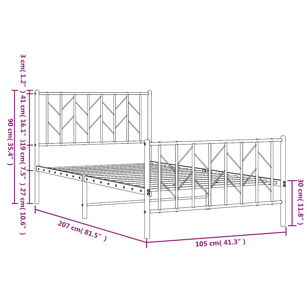 Metalni okvir kreveta uzglavlje i podnožje crni 100x200 cm