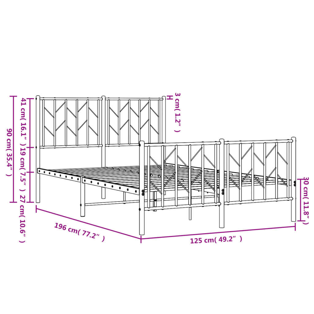 Metalni okvir kreveta uzglavlje i podnožje crni 120x190 cm