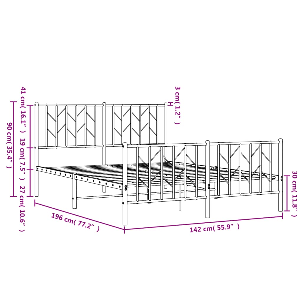 Metalni okvir kreveta uzglavlje i podnožje crni 135x190 cm