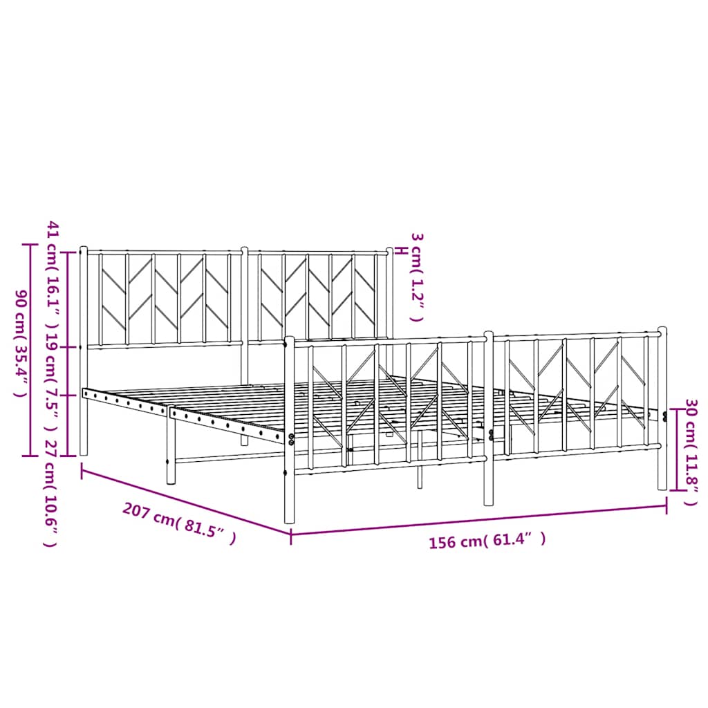Metalni okvir kreveta uzglavlje i podnožje crni 150x200 cm