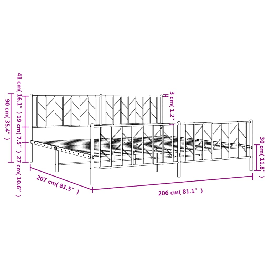 Metalni okvir kreveta uzglavlje i podnožje crni 200x200 cm