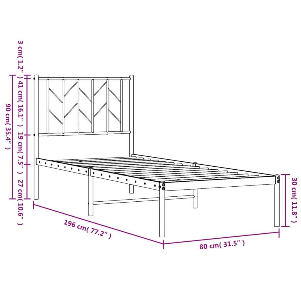 Metalni okvir krevet bez madraca s uzglavljem bijeli 75x190 cm