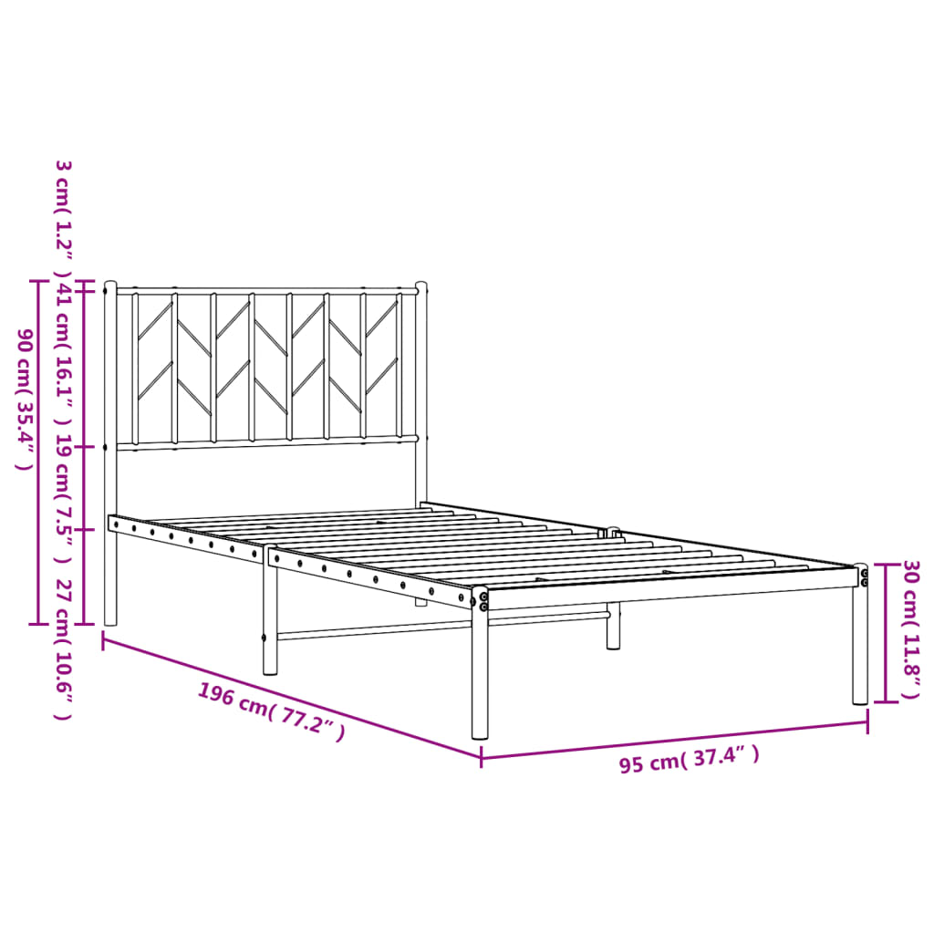 Metalni okvir za krevet s uzglavljem bijeli 90 x 190 cm
