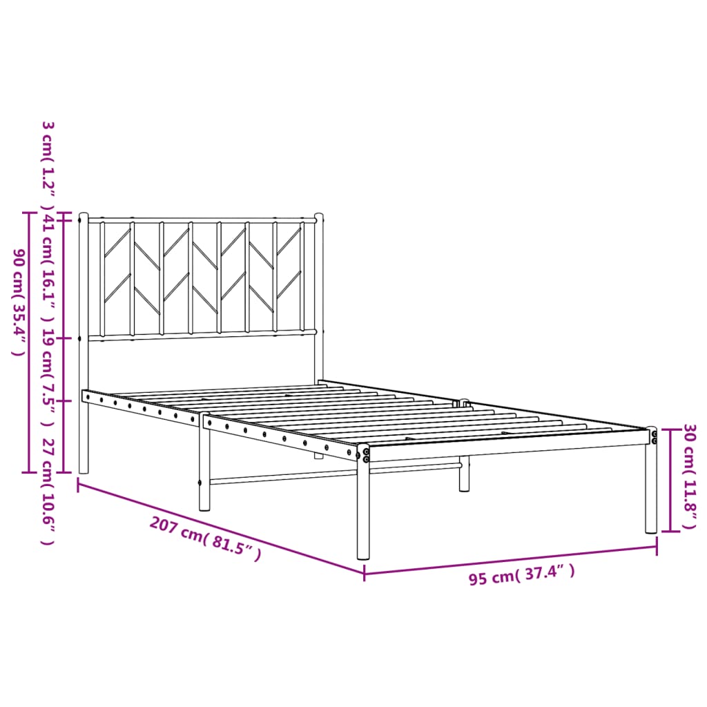Metalni okvir za krevet s uzglavljem bijeli 90x200 cm