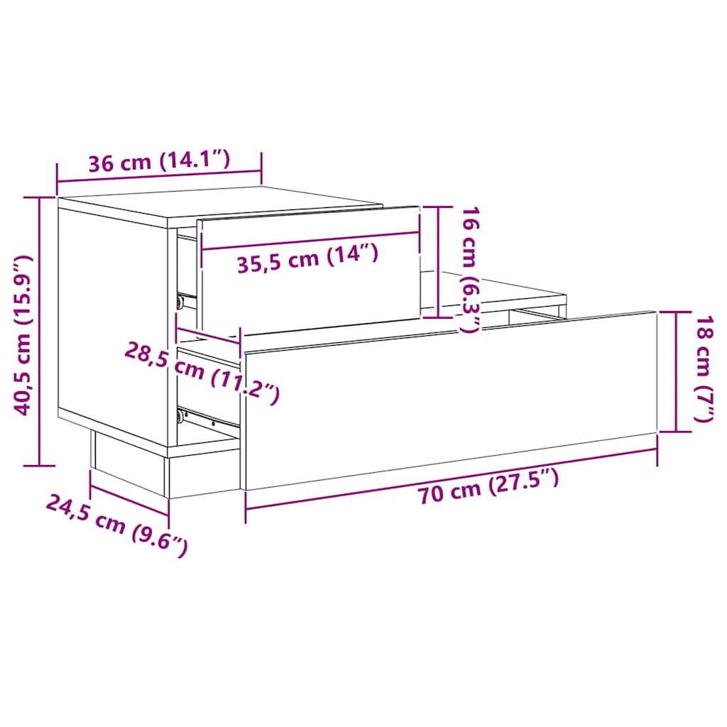 Noćni ormarić s LED svjetlima crni 70 x 36 x 40,5 cm