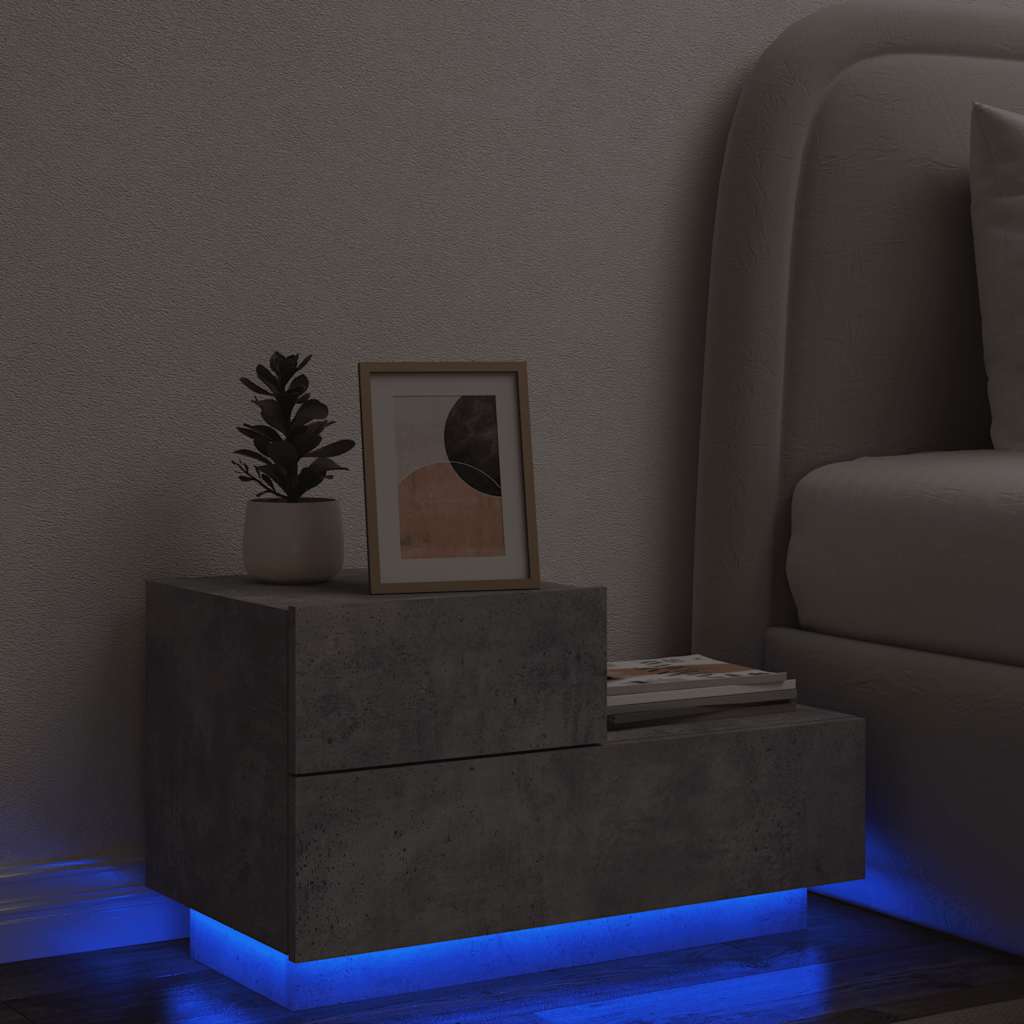 Noćni ormarić s LED svjetlima siva boja betona 70x36x40,5 cm