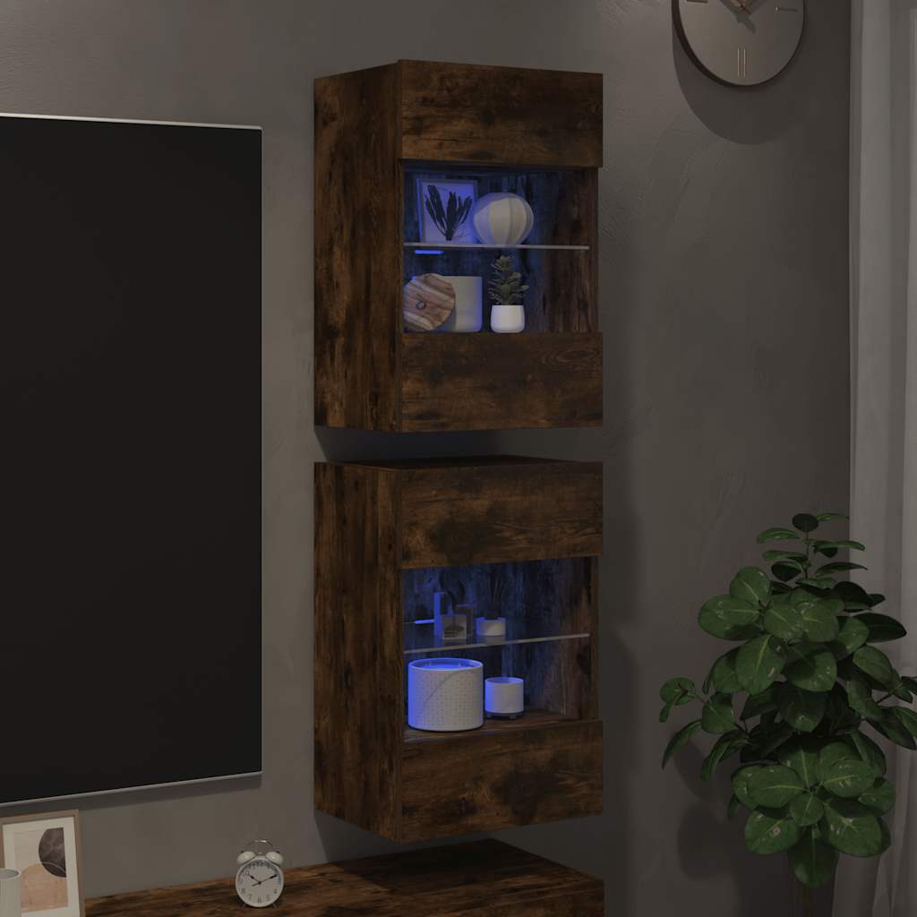 Zidni ormarići s LED svjetlima za TV 2 kom boja dimljenog hrasta 40x30x60,5 cm