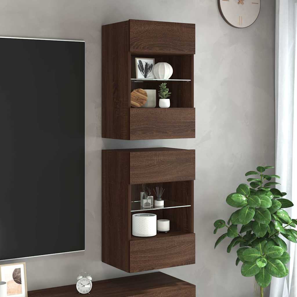 Zidni ormarići s LED svjetlima za TV 2 kom boja smeđeg hrasta 40x30x60,5 cm
