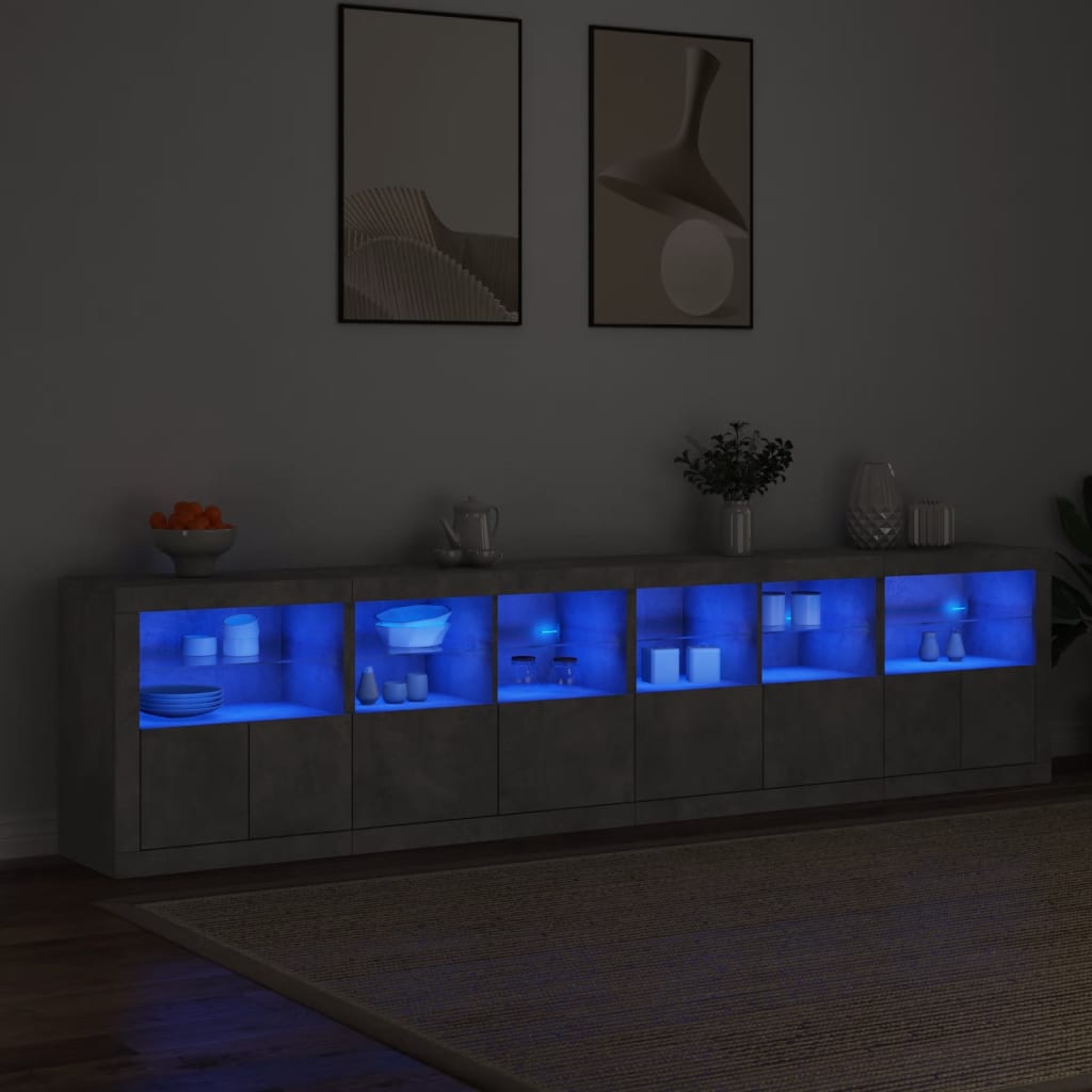 Komoda s LED svjetlima siva boja betona 283x37x67 cm
