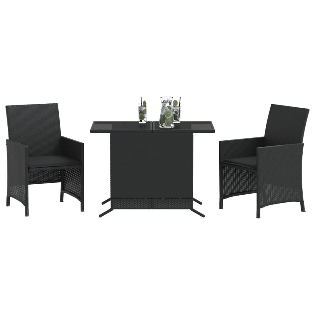 3-dijelni bistro set s jastucima crni od poliratana