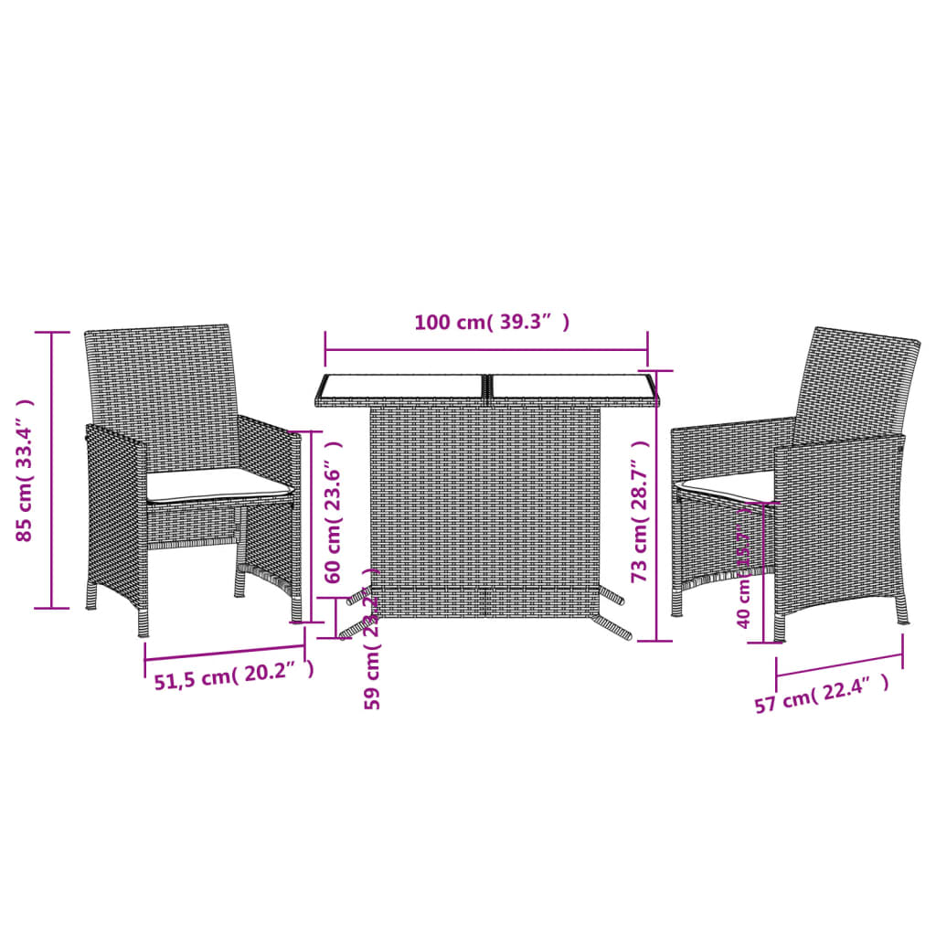 3-dijelni bistro set od poliratana s jastucima sivi
