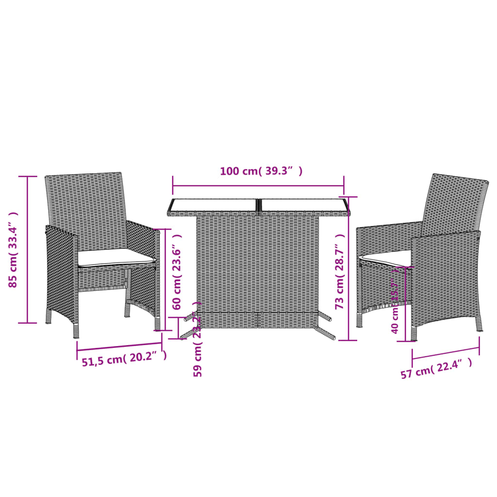 3-dijelni bistro set s jastucima svjetlosivi od poliratana