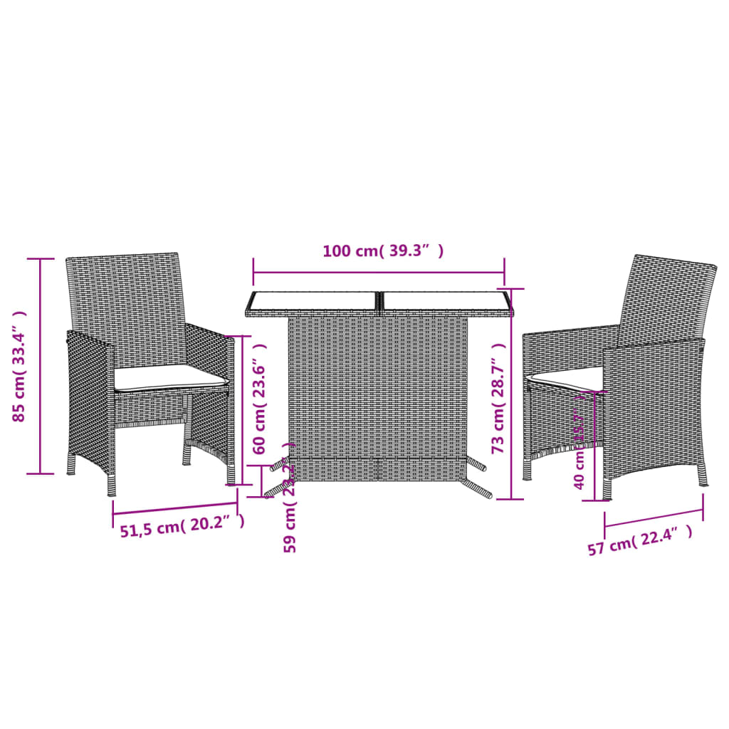 3-dijelni bistro set od poliratana s jastucima sivi