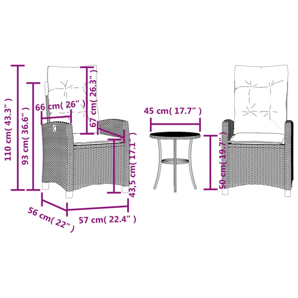 3-dijelni bistro set od poliratana s jastucima sivi