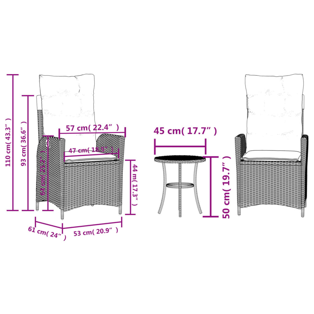 3-dijelni bistro set s jastucima crni od poliratana