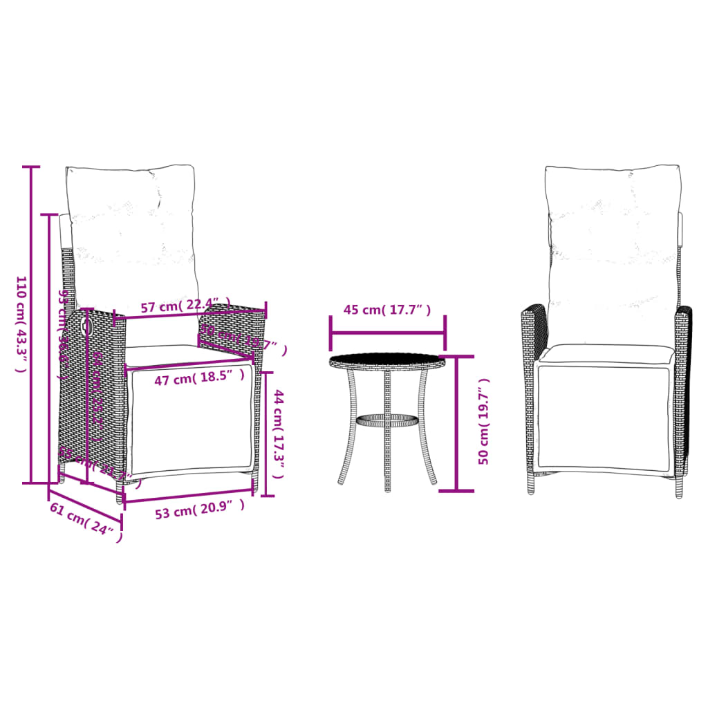 3-dijelni bistro set s jastucima crni od poliratana