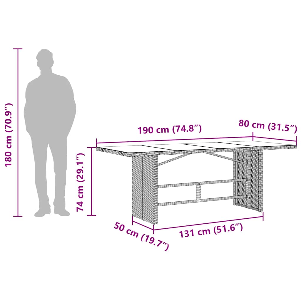 Vrtni stol sa staklenom pločom crni 190x80x74 cm od poliratana