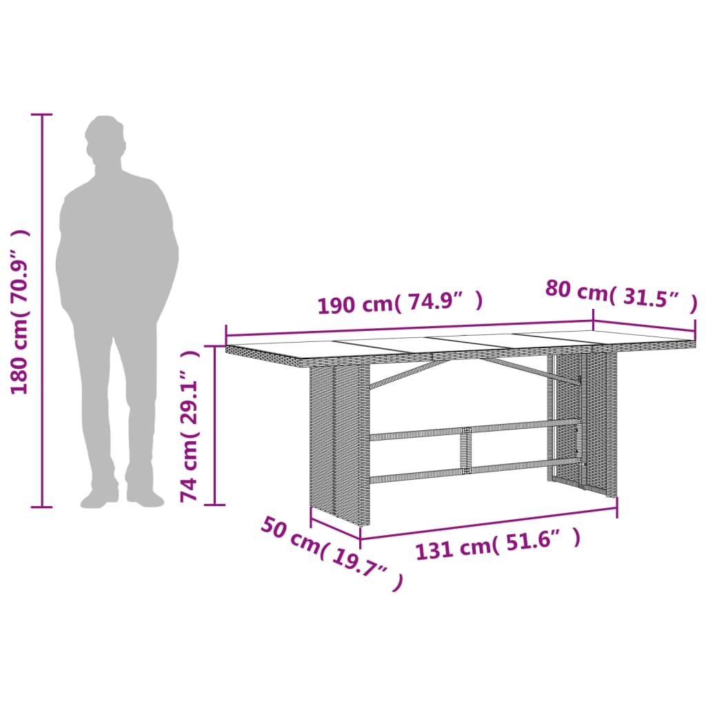 Vrtni stol sa staklenom pločom sivi 190x80x74 cm od poliratana