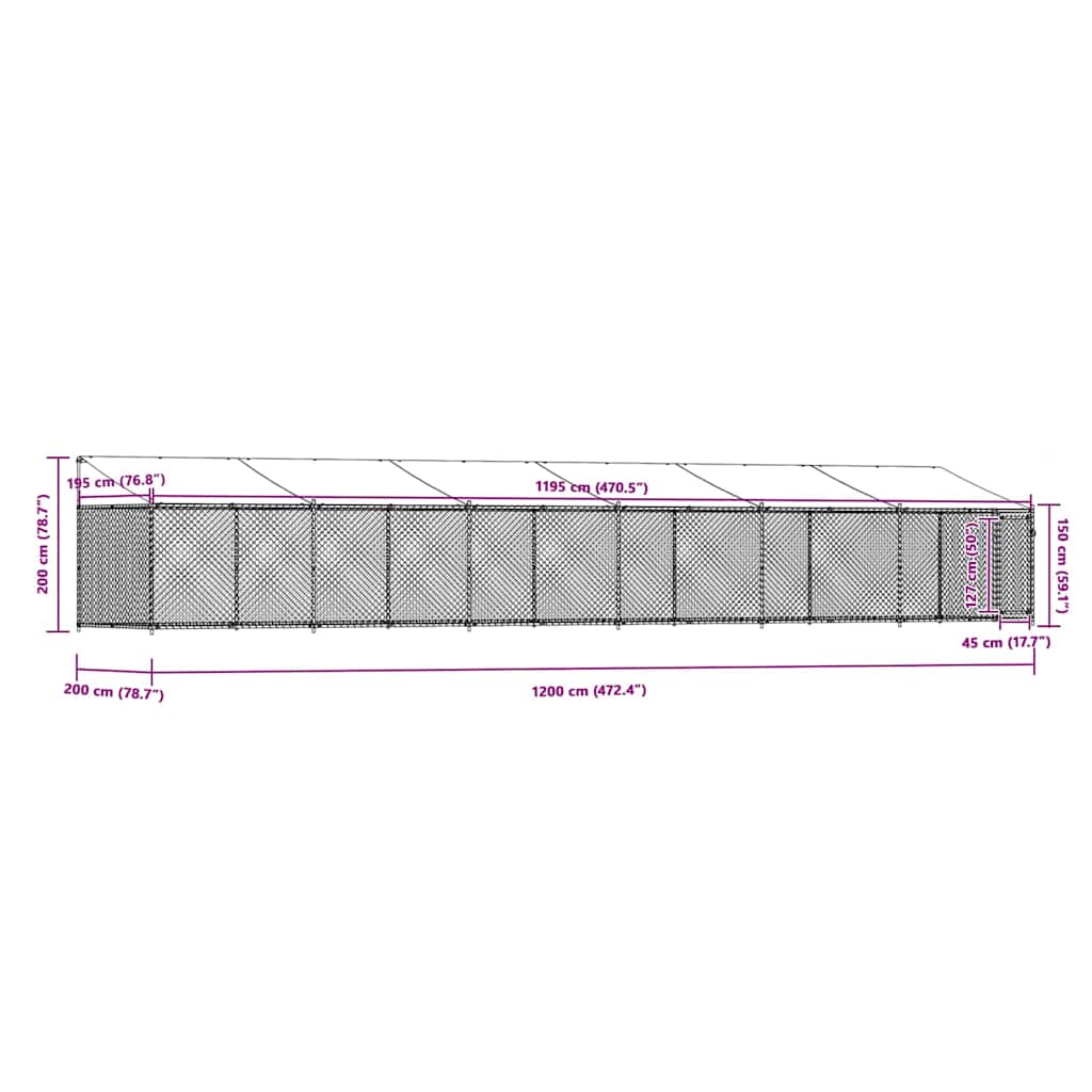 Kavez za pse s krovom i vratima sivi 12x2x2 m pocinčani čelik