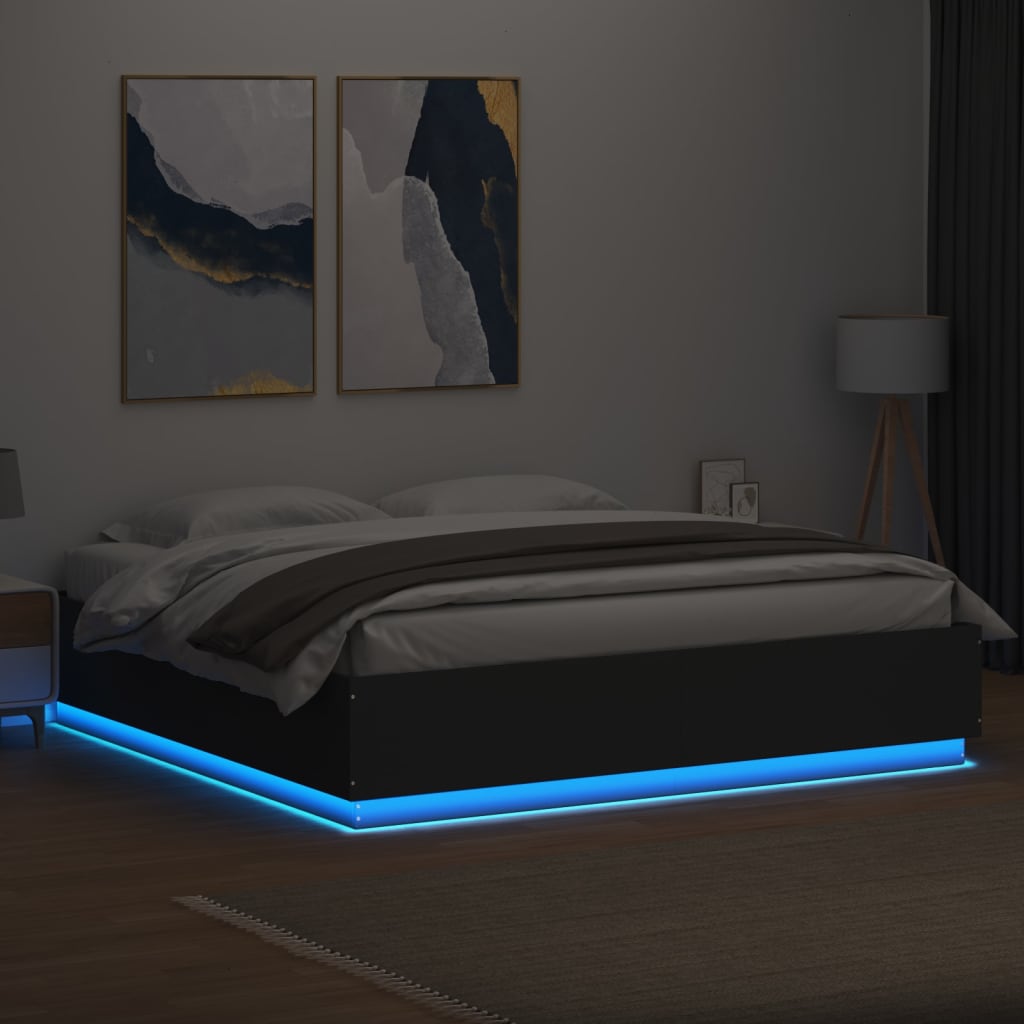 Okvir kreveta s LED svjetlima crni 200x200 cm konstruirano drvo