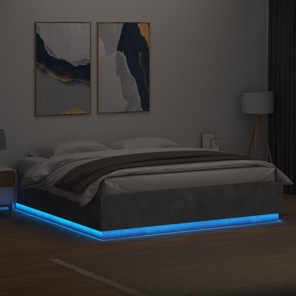 Okvir kreveta s LED svjetlima boja betona 200 x 200 cm drveni