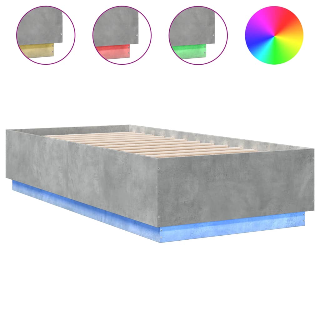 Okvir kreveta s LED svjetlima boja betona 100 x 200 cm drveni