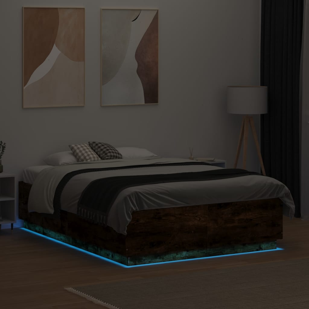 Okvir za krevet s LED svjetlima boja hrasta 140 x 190 cm drveni