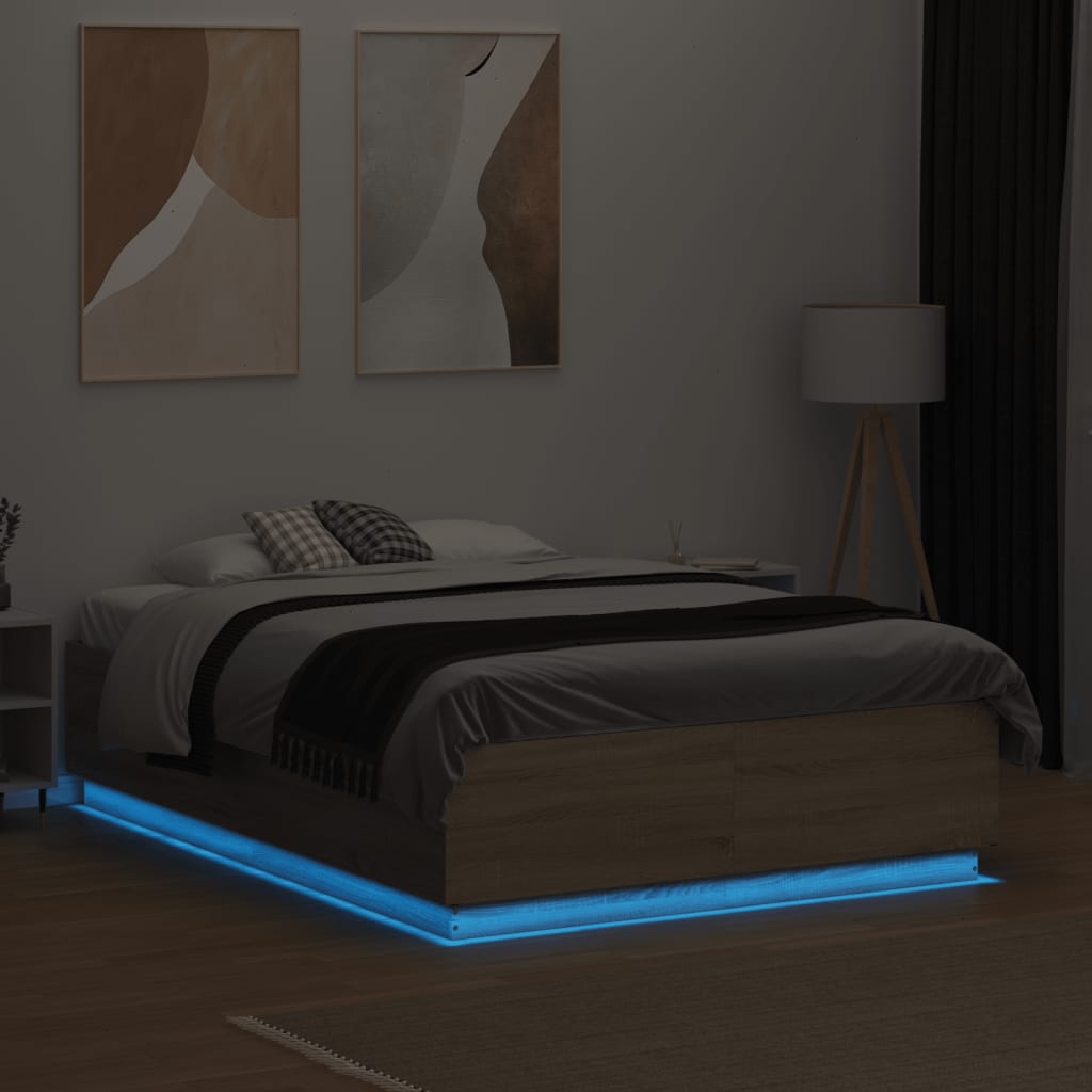 Okvir za krevet s LED svjetlima boja hrasta 135 x 190 cm drveni