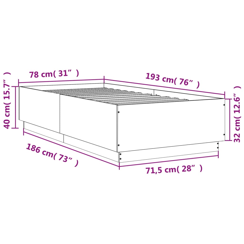 Okvir kreveta s LED svjetlima 75x190 cm od konstruiranog drva