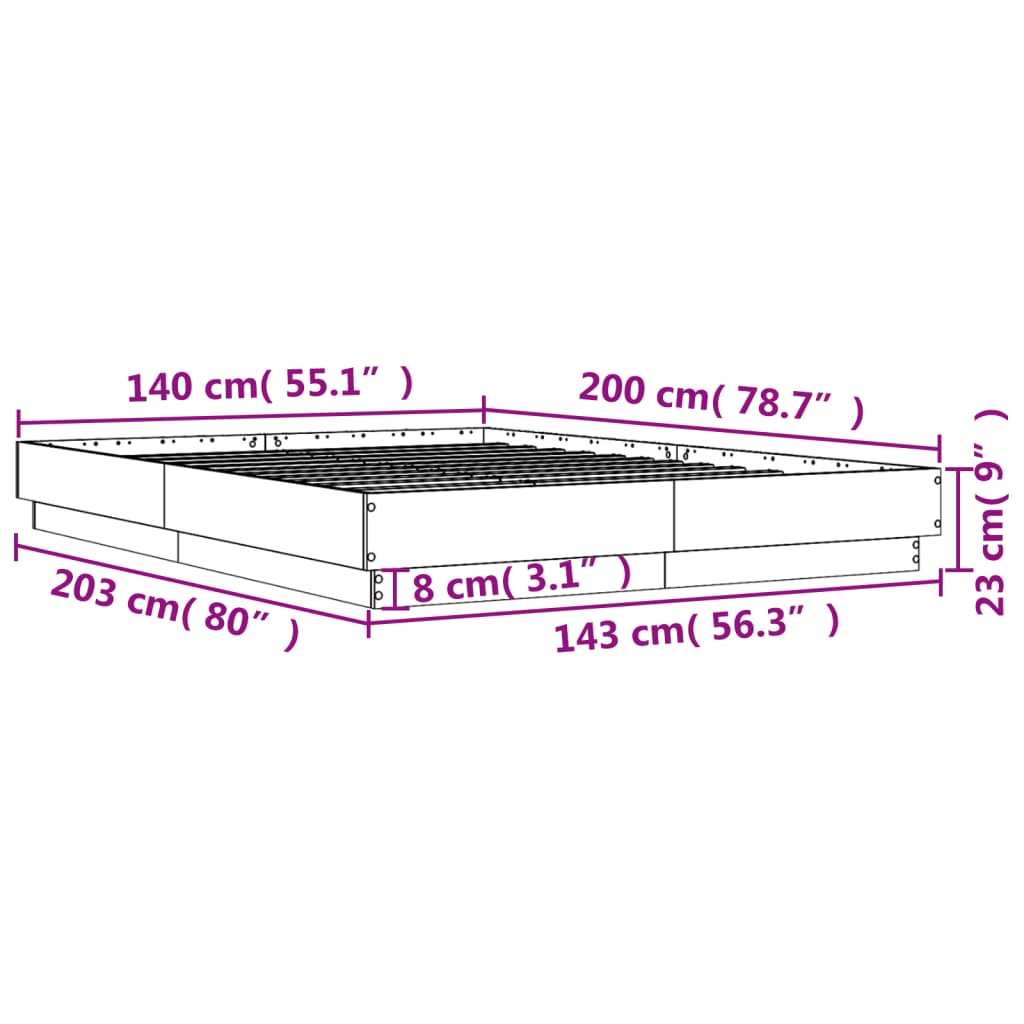 Okvir kreveta s LED svjetlima siva boja hrasta 140 x 200 cm