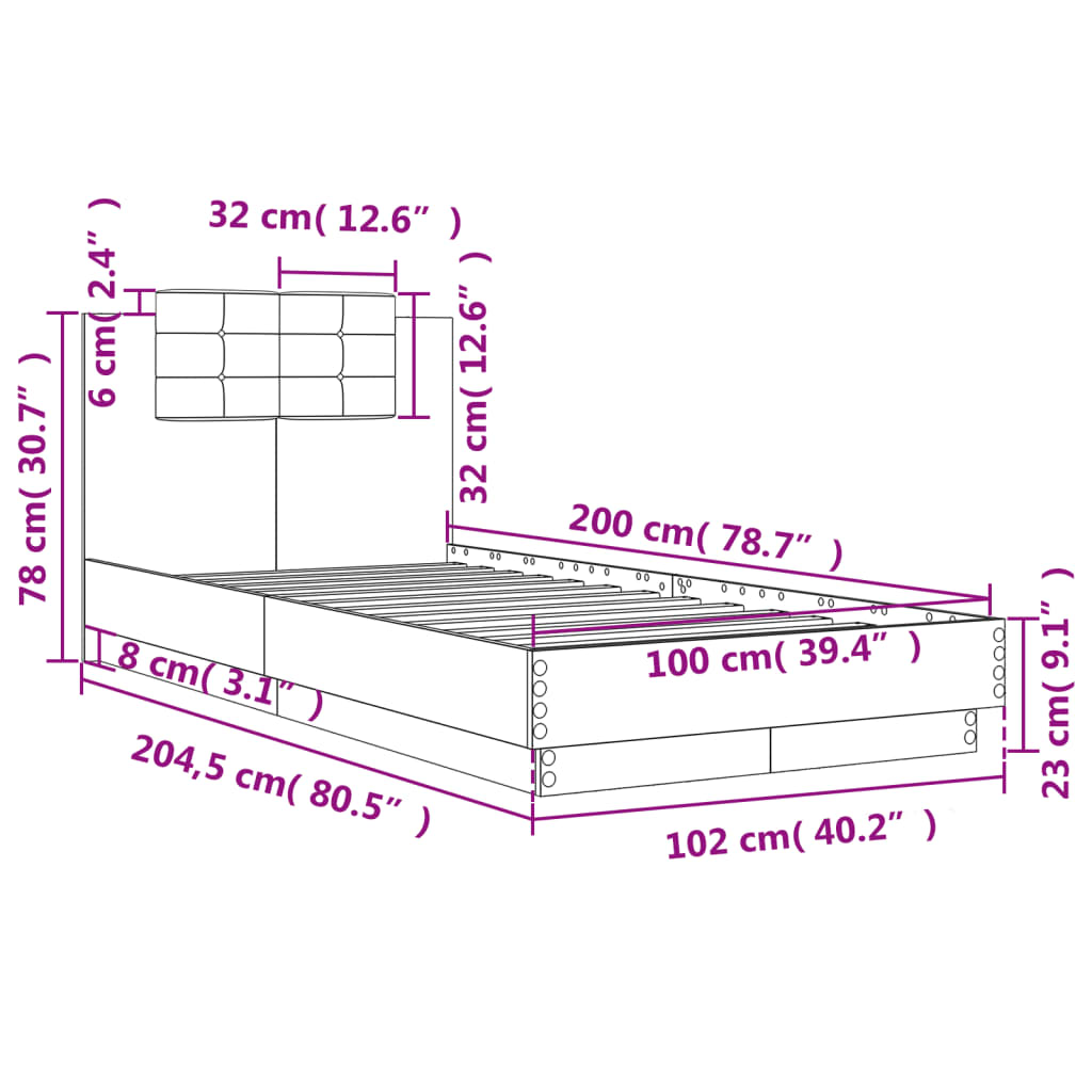Okvir za krevet s uzglavljem crna 100x200 cm konstruiranog drva