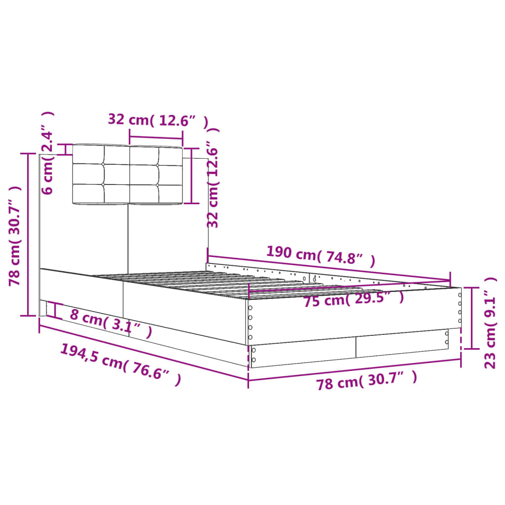 Okvir za krevet s uzglavljem bijeli 75x190 cm konstruirano drvo