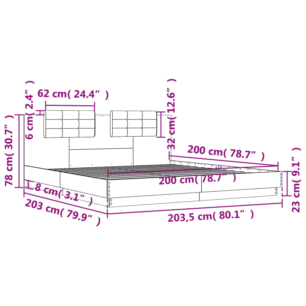 Okvir kreveta s uzglavljem LED siva boja betona 200 x 200 cm