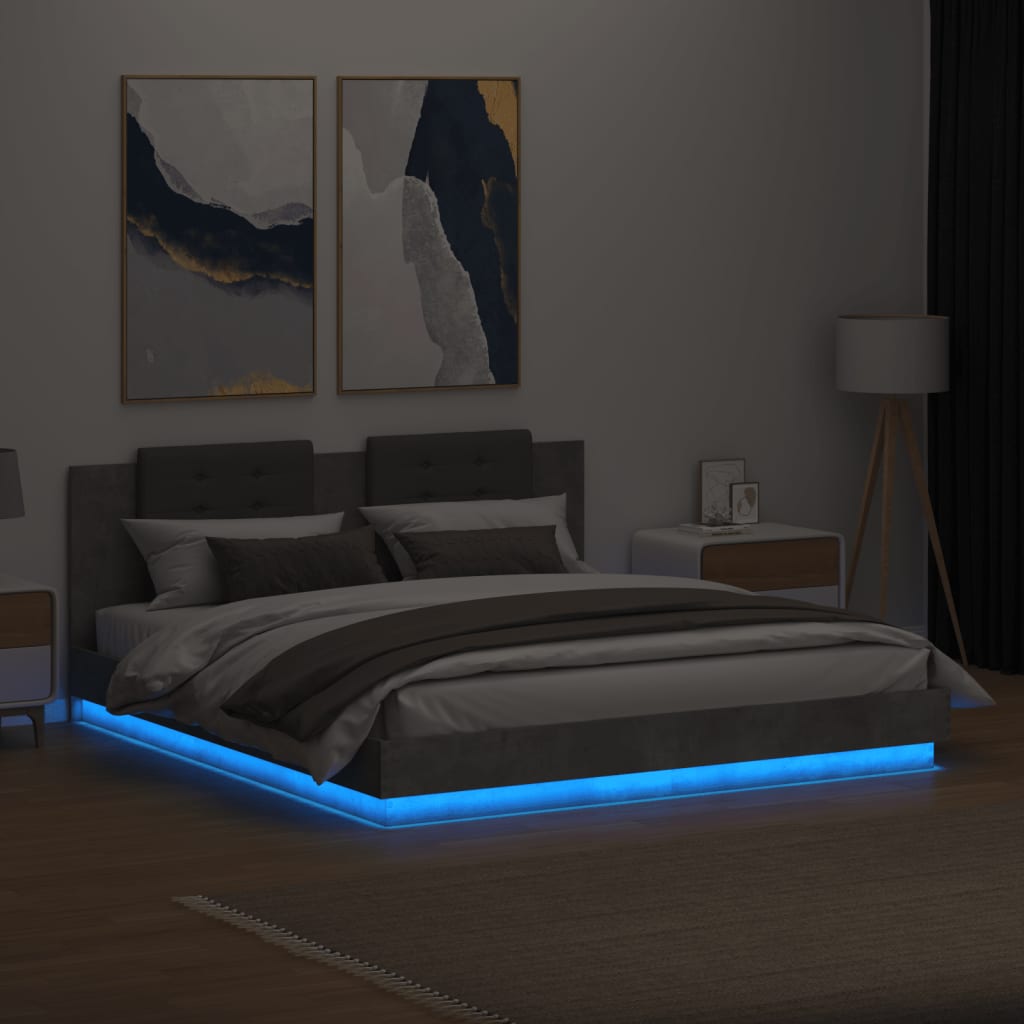 Okvir kreveta s uzglavljem LED siva boja betona 200 x 200 cm