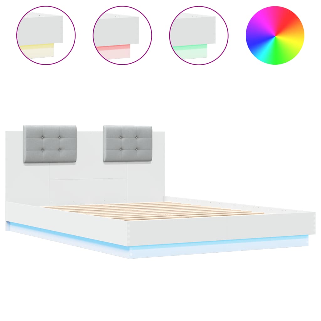 Okvir kreveta s uzglavljem i LED svjetlima bijeli 150 x 200 cm