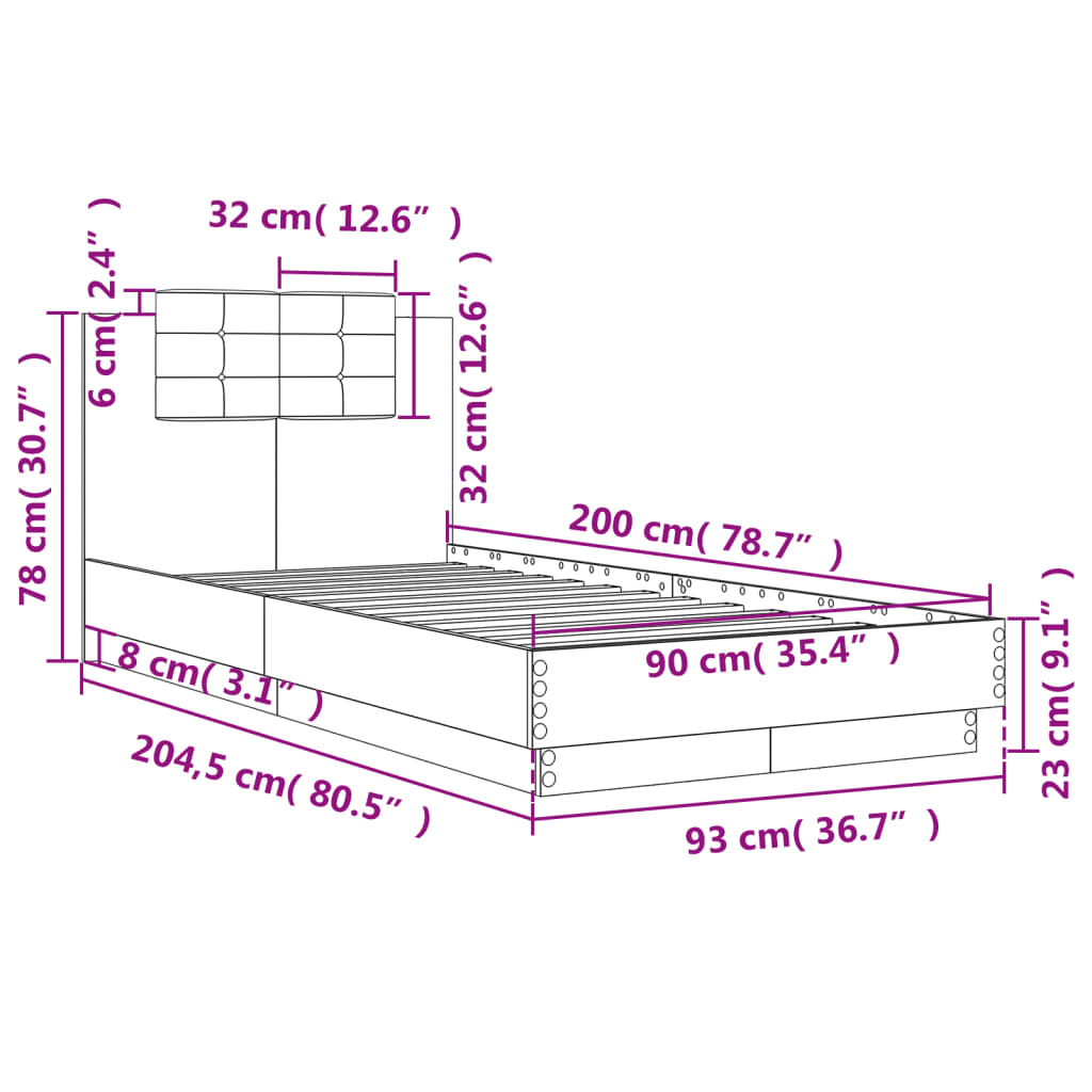 Okvir za krevet s uzglavljem i LED svjetlima bijeli 90x200 cm