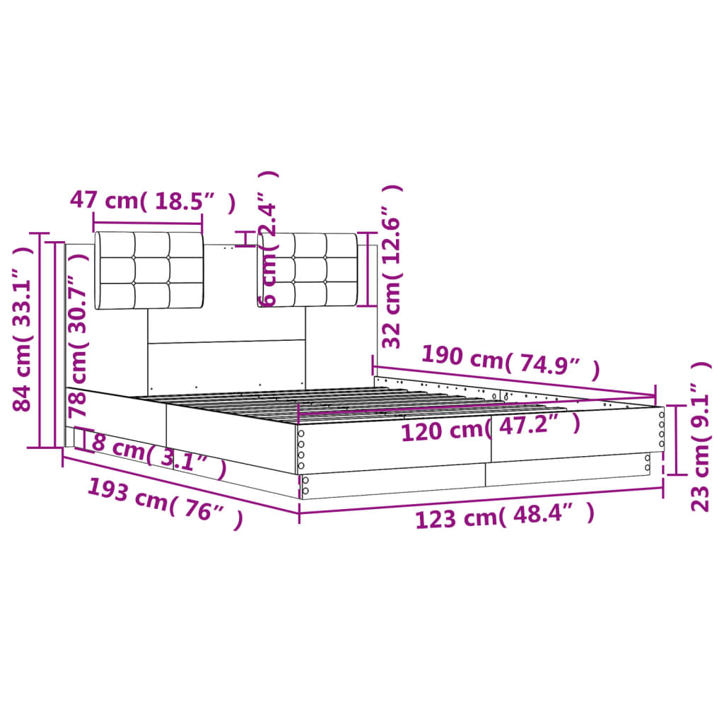 Okvir kreveta s uzglavljem LED boja dimljenog hrasta 120x190 cm