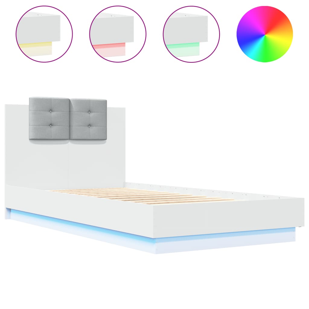 Okvir za krevet s uzglavljem i LED svjetlima bijeli 90x190 cm