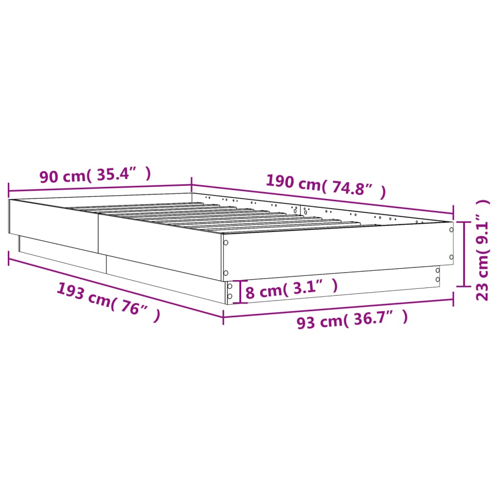 Okvir kreveta s LED svjetlima boja smeđeg hrasta 90 x 190 cm